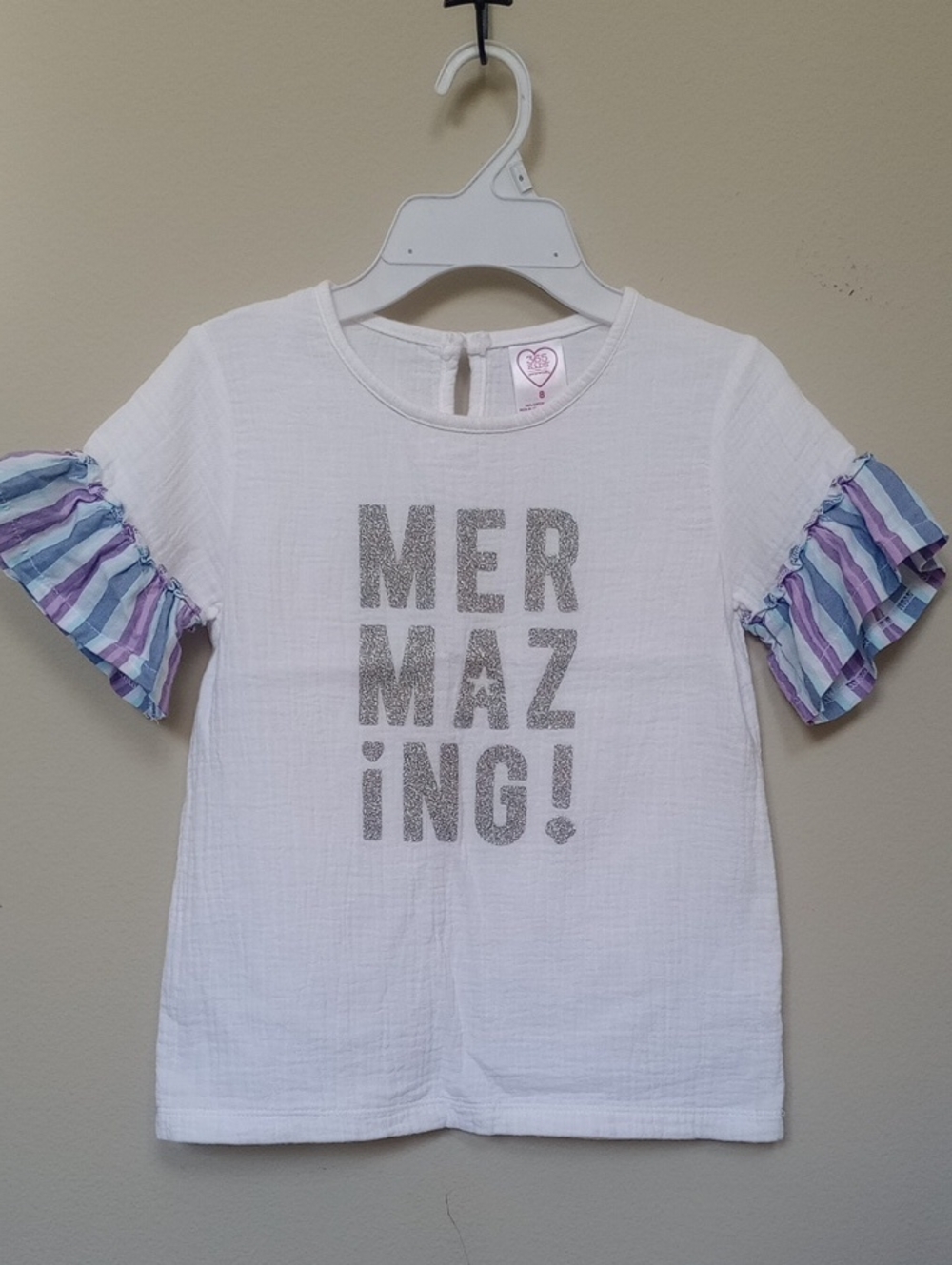 Girls White 'MERMAZING!' Short Sleeve Top with Striped Ruffle Sleeves